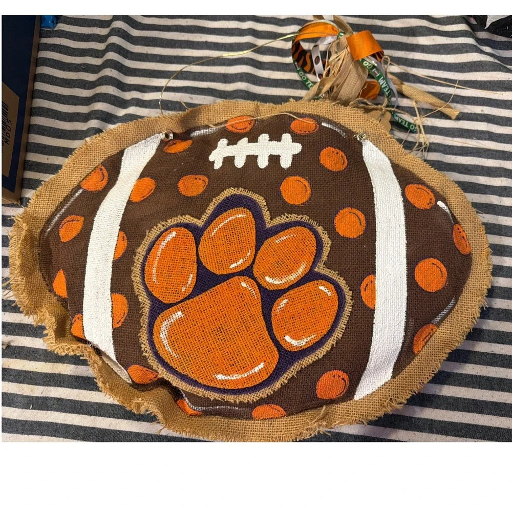 Burlap Football Door Hanger Orange Paw Print Rustic Game Day Decor 18in